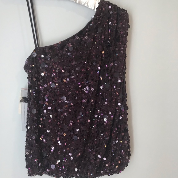 Aidan Mattox Sequin One Shoulder Top Deep Plum XS - Picture 3 of 6